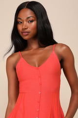 Flattering Disposition Orange Button-Front Ribbed Mini Dress