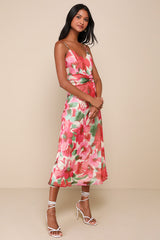 Beautiful Entrance Fuchsia Multi Floral Twist-Front Midi Dress