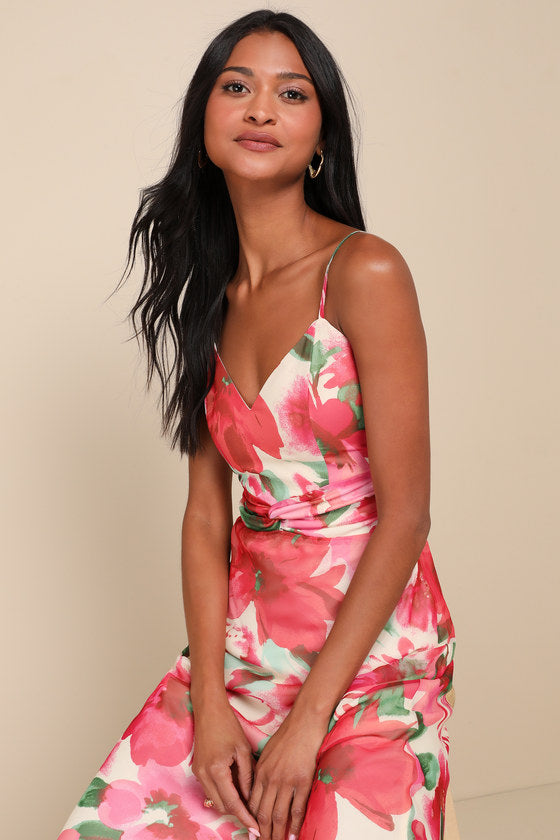 Beautiful Entrance Fuchsia Multi Floral Twist-Front Midi Dress