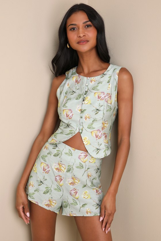 Noticeably Perfect Sage Green Floral High-Rise Shorts