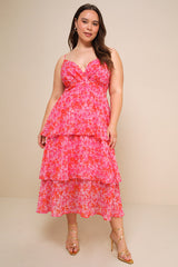 Adorable Obsession Pink Floral Print Lurex Tiered Midi Dress