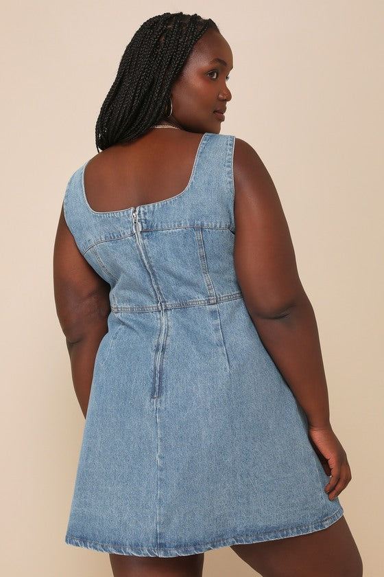 So Delighted Medium Wash Denim Corset Seam Mini Dress