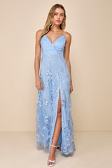Rare Presence Powder Blue 3D Floral Surplice Maxi Dress