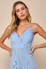 Rare Presence Powder Blue 3D Floral Surplice Maxi Dress