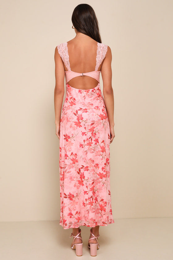 Endlessly Cute Pink Floral Mesh Cutout Lace Bustier Maxi Dress