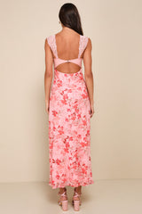 Endlessly Cute Pink Floral Mesh Cutout Lace Bustier Maxi Dress