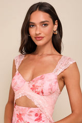 Endlessly Cute Pink Floral Mesh Cutout Lace Bustier Maxi Dress