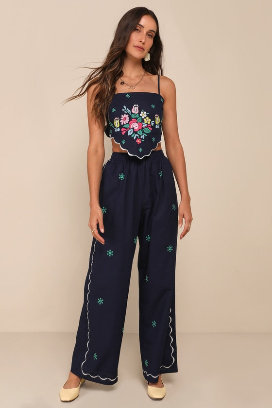 Charmed Aesthetic Navy Blue Linen Embroidered High-Rise Pants