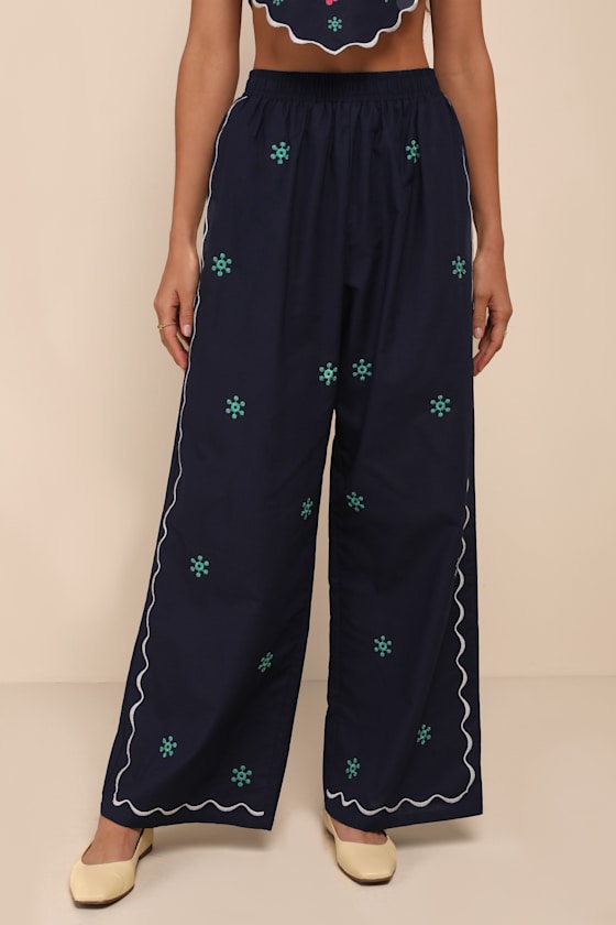 Charmed Aesthetic Navy Blue Linen Embroidered High-Rise Pants