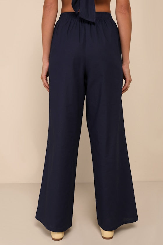 Charmed Aesthetic Navy Blue Linen Embroidered High-Rise Pants
