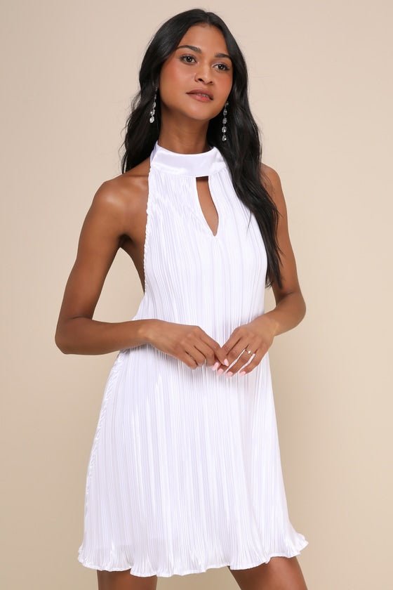 Pretty Aura White Satin Plisse Mock Neck Mini Swing Dress