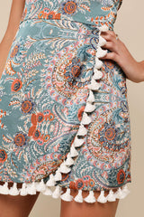 Bohemian Perfection Teal Boho Floral Strapless Tasseled Romper