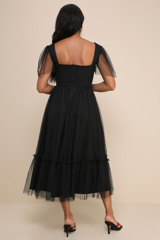 Dreamy Celebration Black Tulle Bustier Swiss Dot Midi Dress