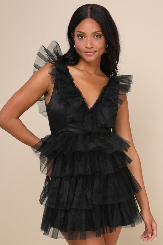 Striking Sensation Black Tulle Tiered Ruffled Mini Dress
