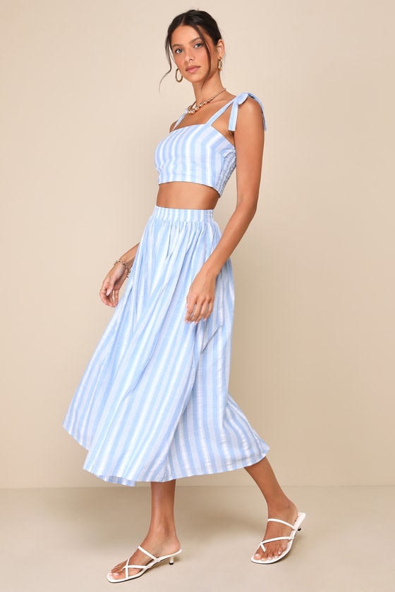 Cheerful Season Blue Striped Two-Piece Midi Dress With Pockets