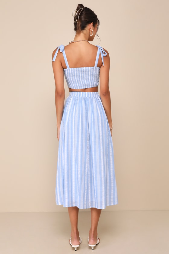 Cheerful Season Blue Striped Two-Piece Midi Dress With Pockets