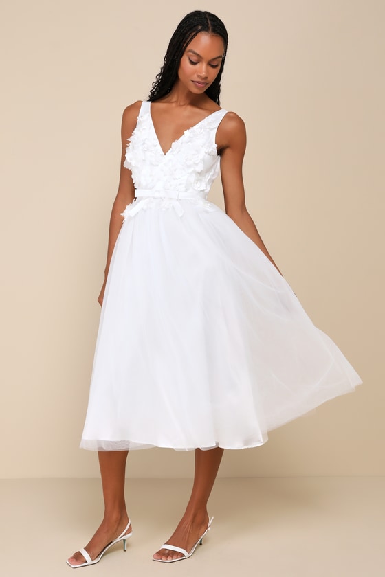 Dreamy Presence White Tulle Floral Applique Bow Midi Dress