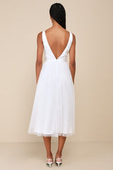 Dreamy Presence White Tulle Floral Applique Bow Midi Dress