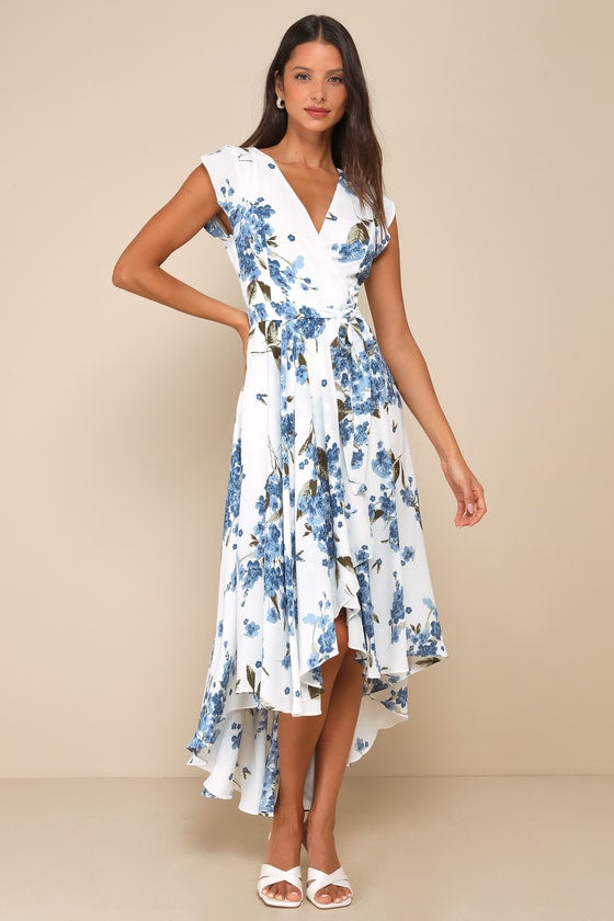 French Countryside White Floral Print High-Low Dress