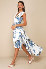 French Countryside White Floral Print High-Low Dress