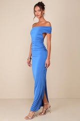 Brilliant Elegance Blue Off-the-Shoulder Backless Maxi Dress