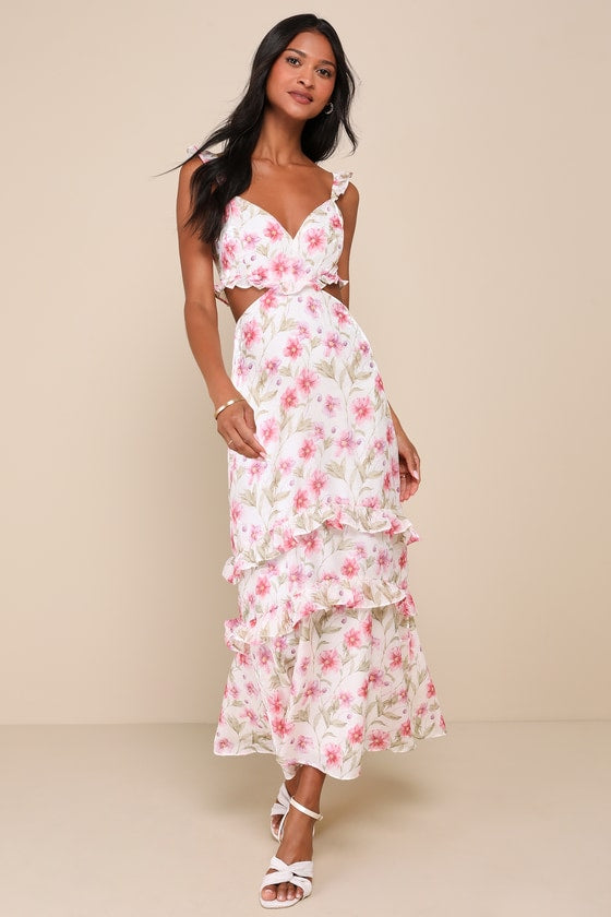 Spectacularly Gorgeous White Floral Cutout Ruffled Maxi Dress