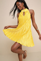 Pretty Aura Yellow Satin Plisse Mock Neck Mini Swing Dress