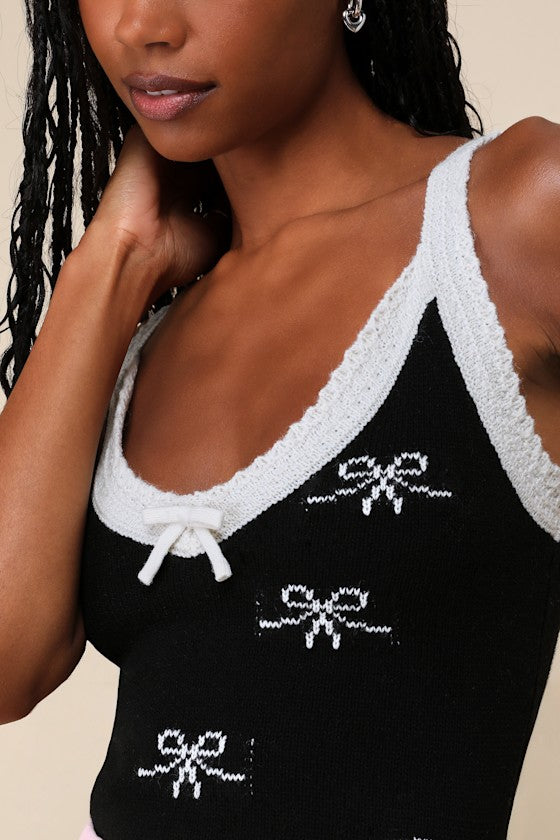 On the Bow Black and Ivory Bow Sweater Knit Tank Top