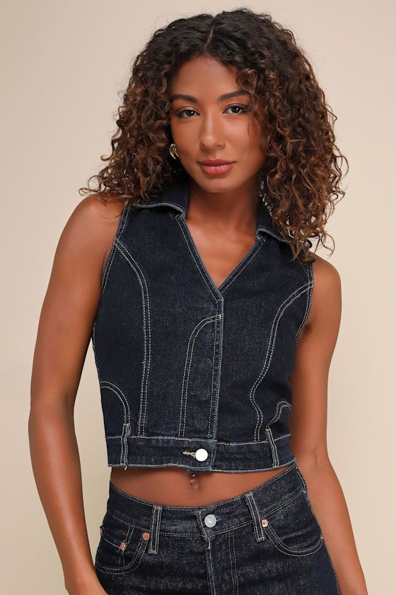 Night Break Dark Wash Collared Denim Vest