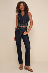 Night Break Dark Wash Collared Denim Vest