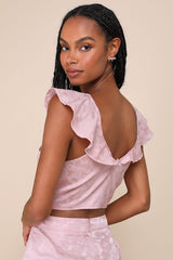 Exemplary Cutie Light Pink Satin Jacquard Ruffled Crop Top