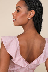 Exemplary Cutie Light Pink Satin Jacquard Ruffled Crop Top