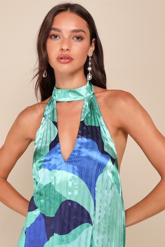 Prime Poise Green and Blue Abstract Satin Halter Maxi Dress