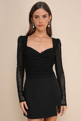 Enticing Presence Black Lace Ruched Backless Long Sleeve Top