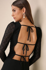 Enticing Presence Black Lace Ruched Backless Long Sleeve Top