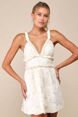 Delightfully Precious Cream Mesh Embroidered Ruffled Mini Dress
