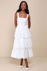 Sweet Potential White Floral Burnout Tiered Midi Dress