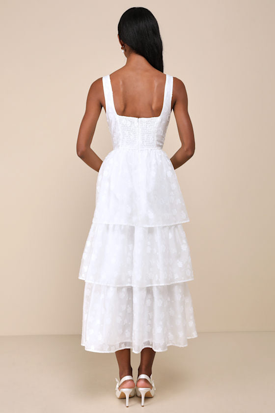 Sweet Potential White Floral Burnout Tiered Midi Dress