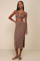Divide and Contour Brown Ribbed Cutout Bodycon Midi Dress