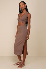 Divide and Contour Brown Ribbed Cutout Bodycon Midi Dress