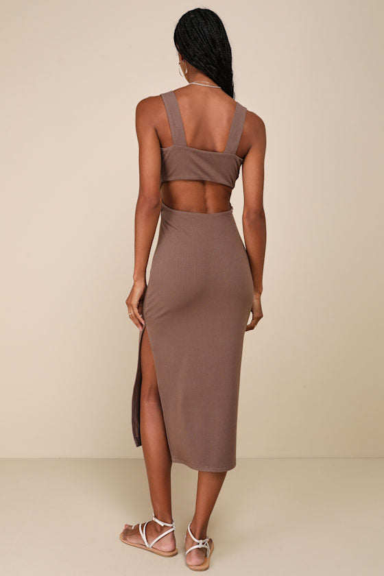 Divide and Contour Brown Ribbed Cutout Bodycon Midi Dress