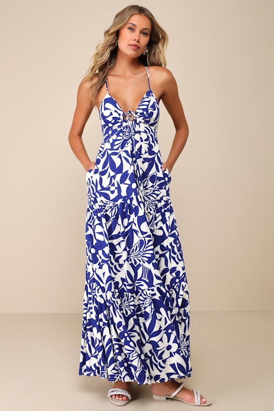 Mykonos Memories Blue and Ivory Abstract Maxi Dress With Pockets