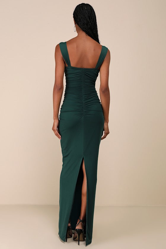 Amazing Presence Dark Green Mesh Ruched Column Maxi Dress