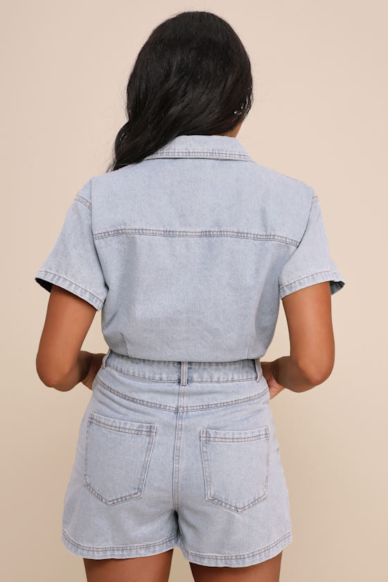Festival Feelin' Light Wash Short Sleeve Denim Romper