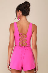 Exceptionally Styled Hot Pink Lace-Up Two-Piece Skort Romper