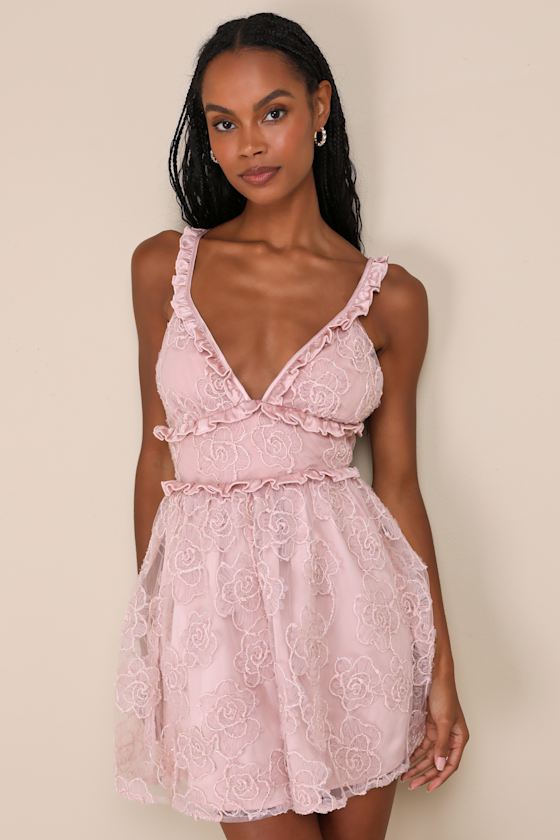 Delightfully Precious Mauve Mesh Embroidered Ruffled Mini Dress