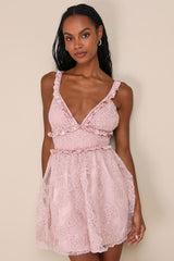 Delightfully Precious Mauve Mesh Embroidered Ruffled Mini Dress