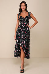 So Elevated Black Floral Jacquard Tie-Strap High-Low Midi Dress