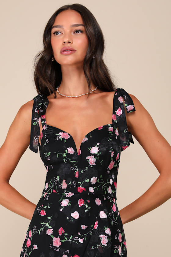 So Elevated Black Floral Jacquard Tie-Strap High-Low Midi Dress