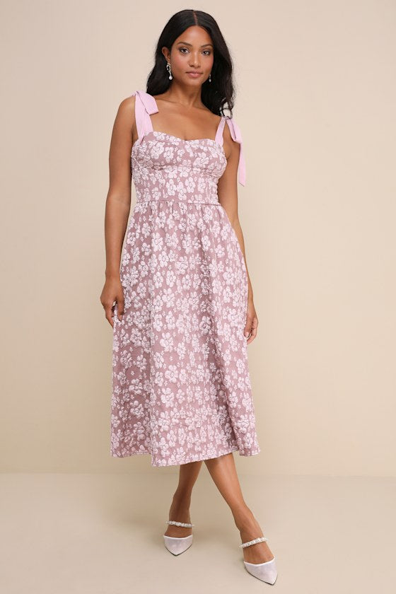 Bubbly Bliss Mauve Pink Jacquard Bustier Tie-Strap Midi Dress